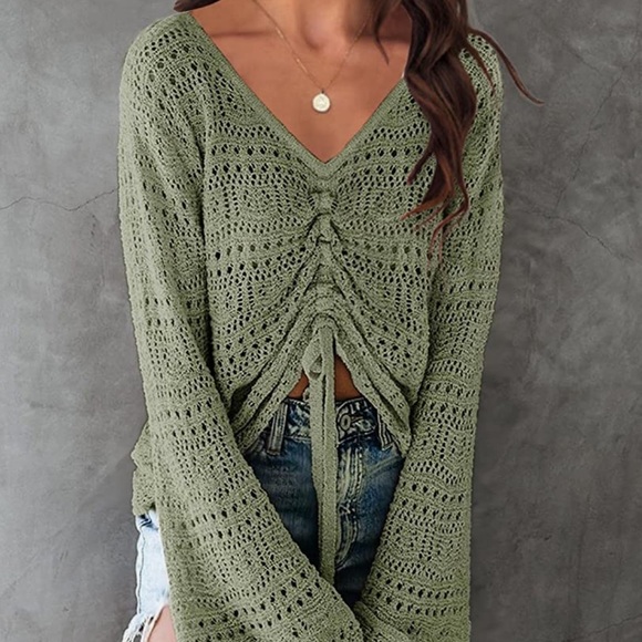 ARMY GREEN Womens Boho Off Shoulder Sheer Crop Tops Bell Sleeve SZ L NEW! - Picture 2 of 5